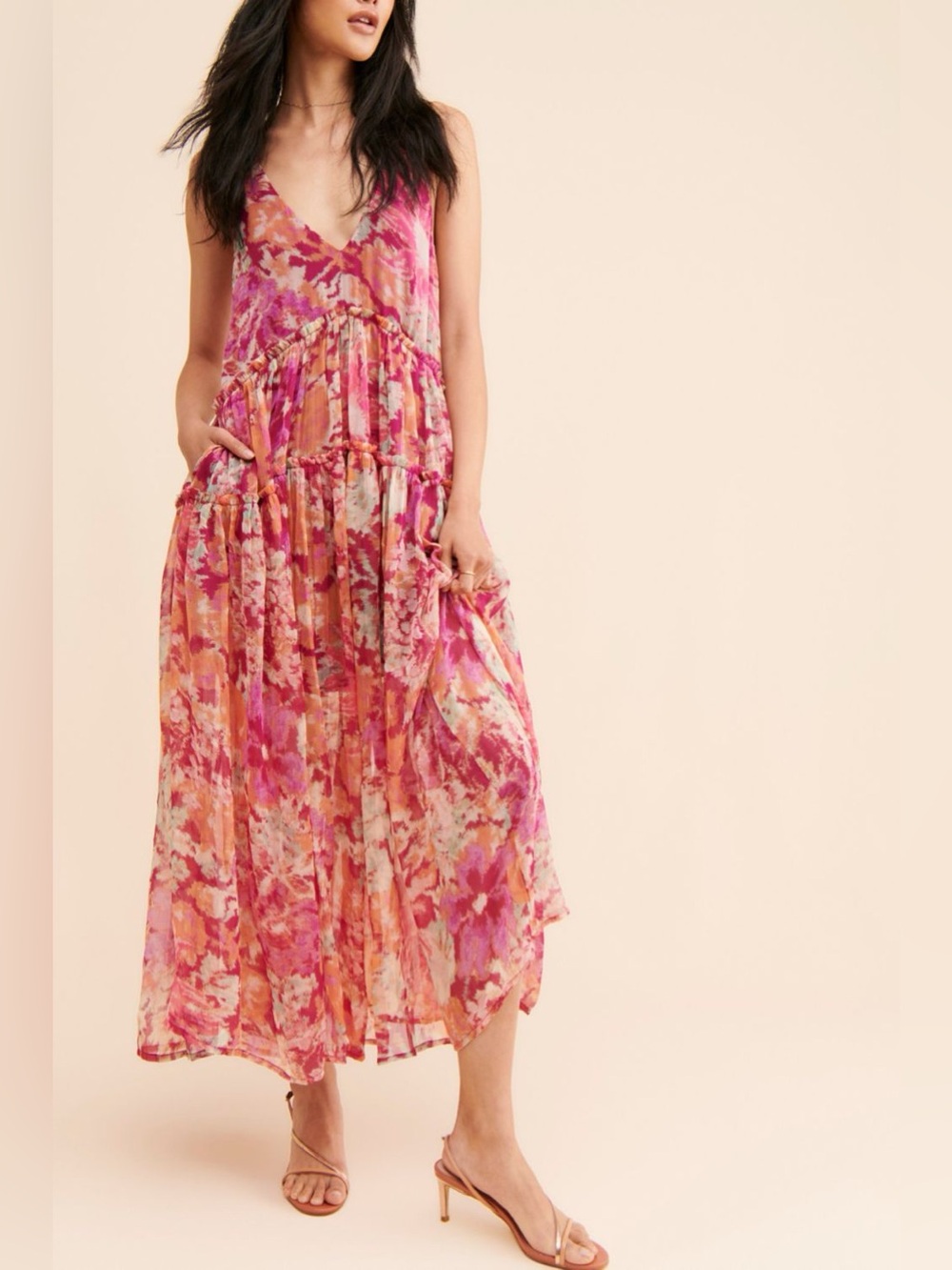 💖 Flowy Frill Floral Printed V-Neck Midi Dress